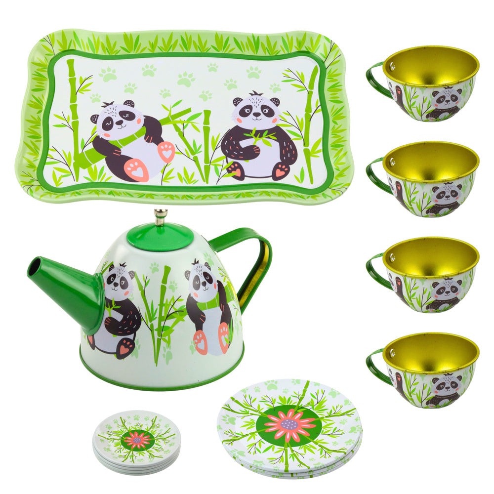 Čajová souprava kovová konvička šálky talířky panda 14 dílů zelená