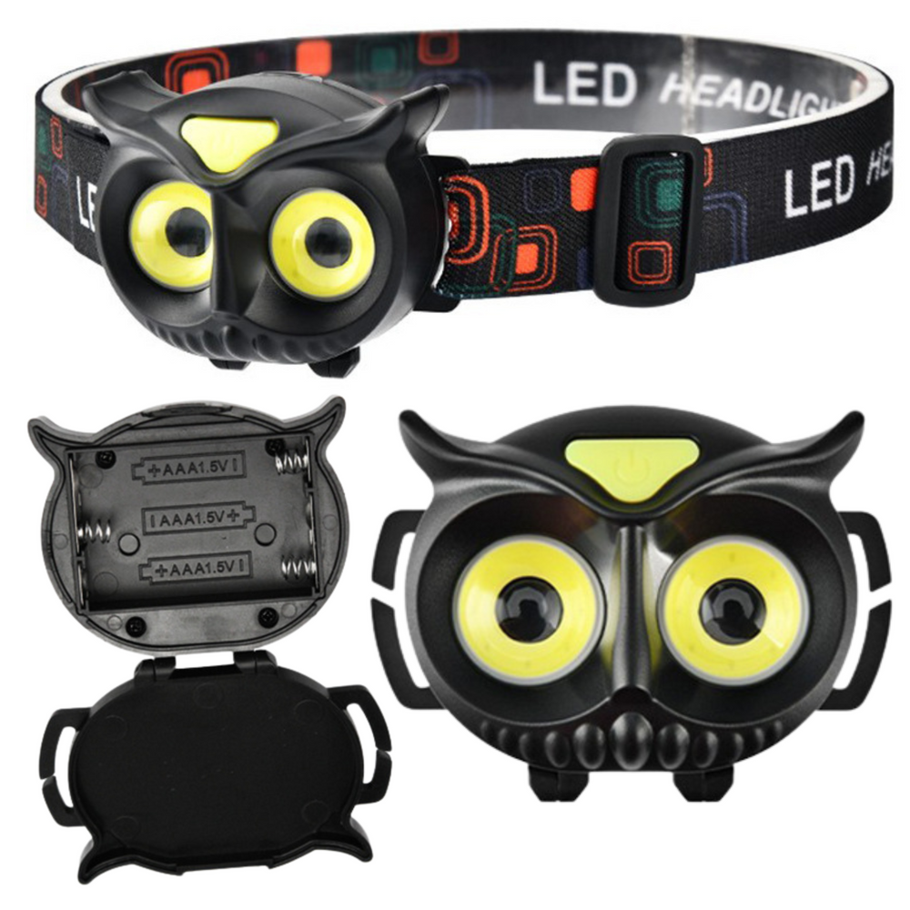 Čelová LED svítilna pro děti sova 4 režimy svícení na baterie