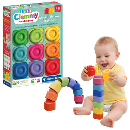 Clemmy Magic Rainbow Blocks - 9 měkkých senzorických kostek – Clementoni