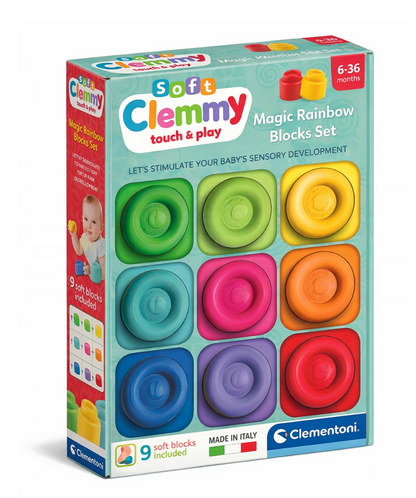 Clemmy Magic Rainbow Blocks - 9 měkkých senzorických kostek – Clementoni