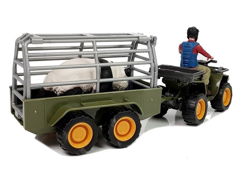 Čtyřkolka s přívěsem a figurkami panda a řidič zelená