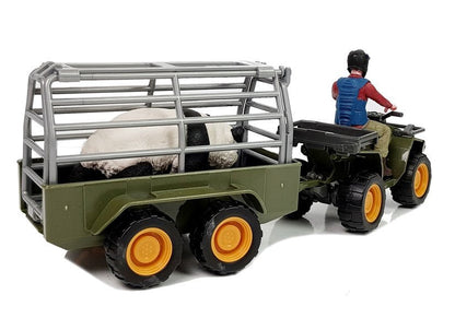 Čtyřkolka s přívěsem a figurkami panda a řidič zelená