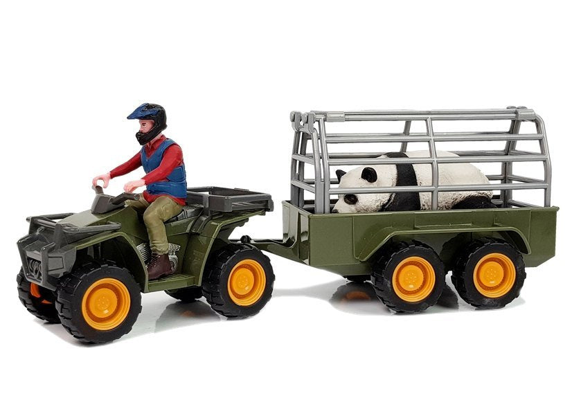 Čtyřkolka s přívěsem a figurkami panda a řidič zelená