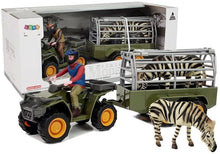 Čtyřkolka s přívěsem a figurkami zebra a řidič zelená