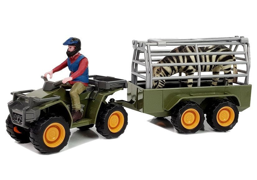 Čtyřkolka s přívěsem a figurkami zebra a řidič zelená