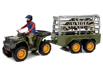 Čtyřkolka s přívěsem a figurkami zebra a řidič zelená