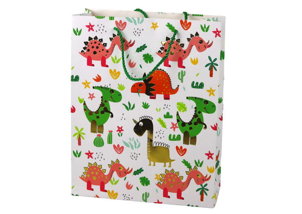 Dárková taška dinosauři a palmy – 32x26x10 cm bílá zlatá