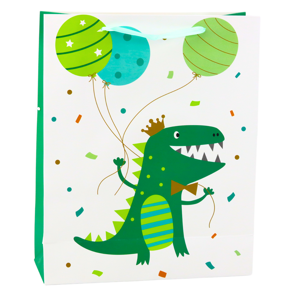 Dárková taška dinosaurus s balónky – 32x26x10cm bílo zelená