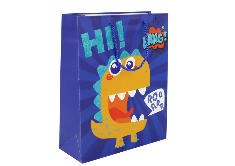 Dárková taška dinosaurus s glitry – modrá 32x26x10cm