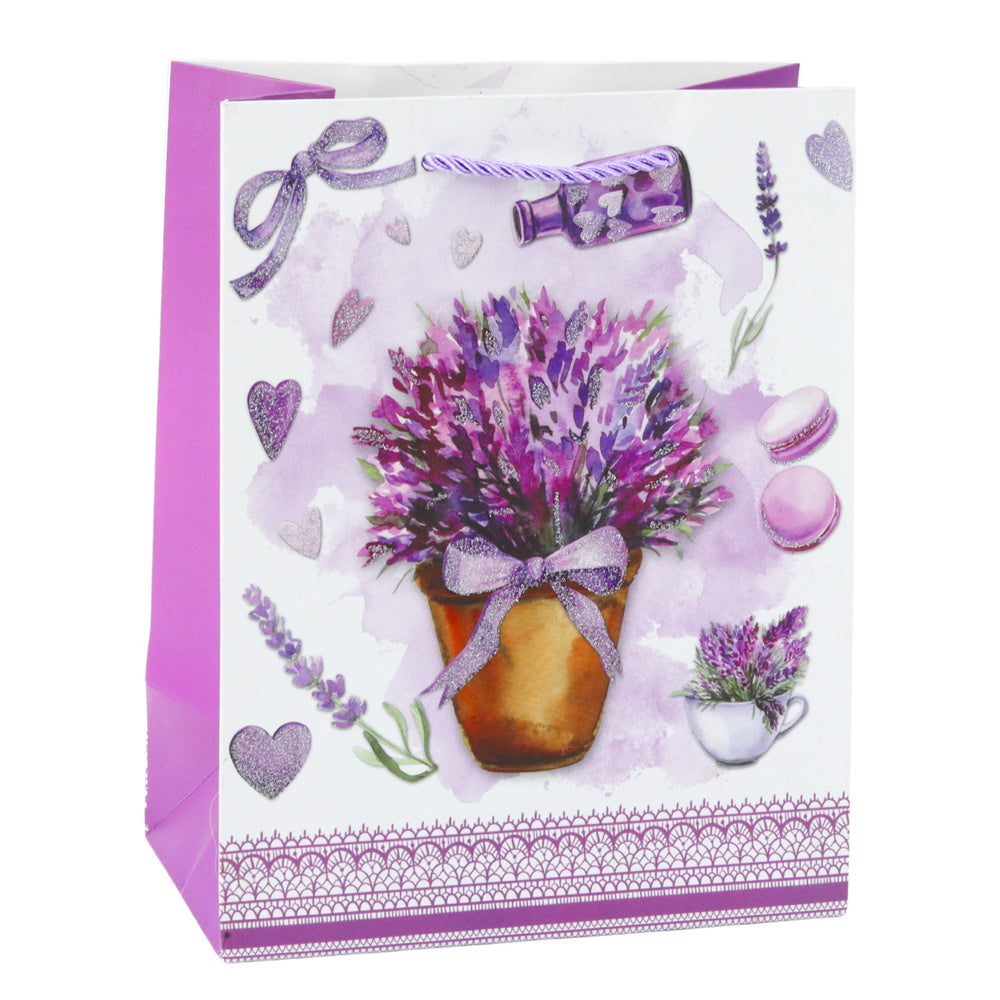 Dárková taška levandule s třpytkami – papírová 23x18 cm
