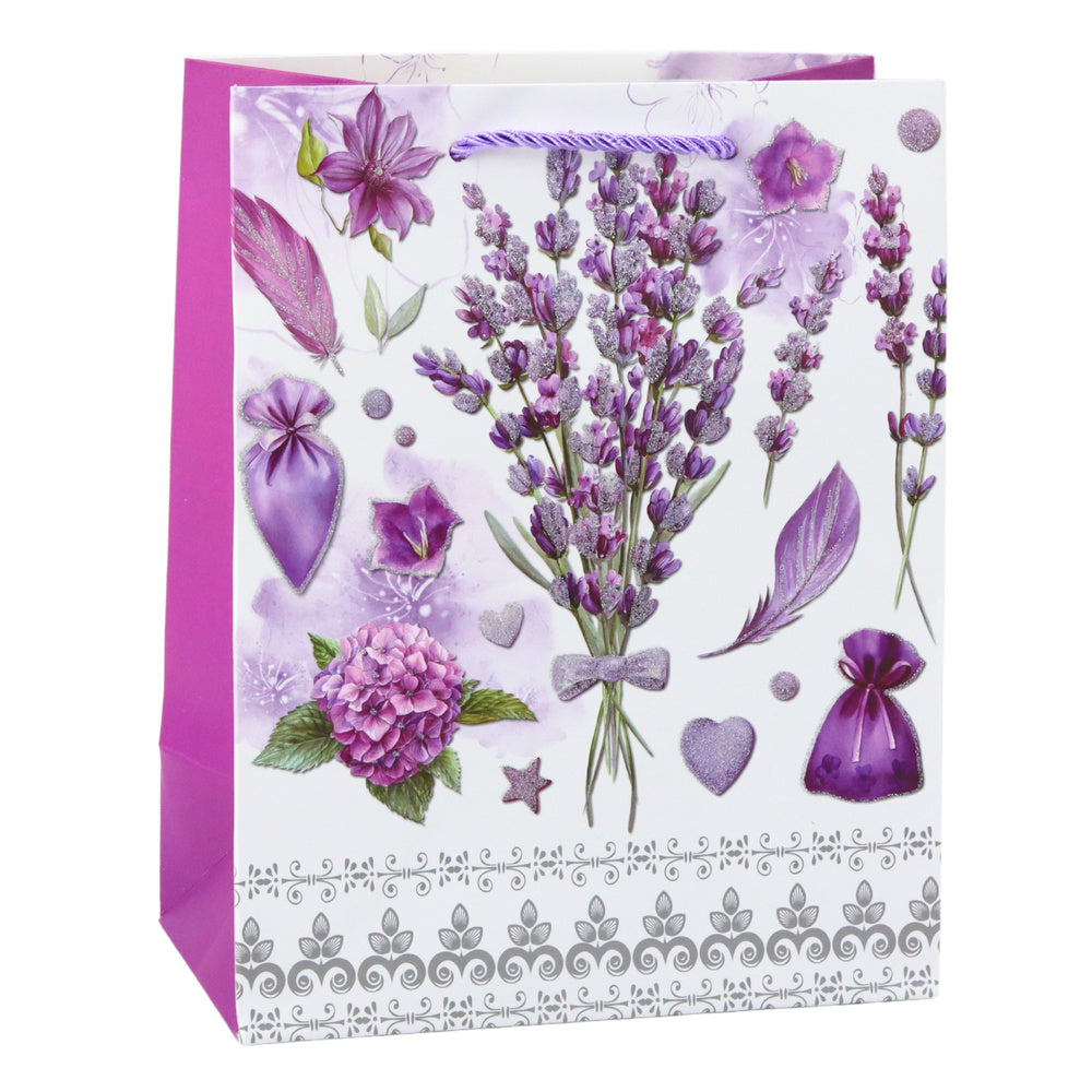 Dárková taška levandule s třpytkami – papírová 23x18 cm