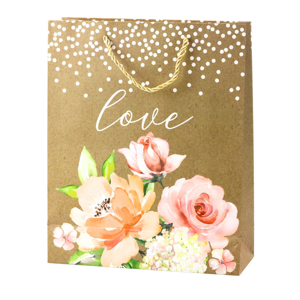 Dárková taška Love s květy a glitry – kraft 32x26x10 cm
