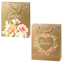 Dárková taška Love s květy a glitry – kraft 32x26x10 cm