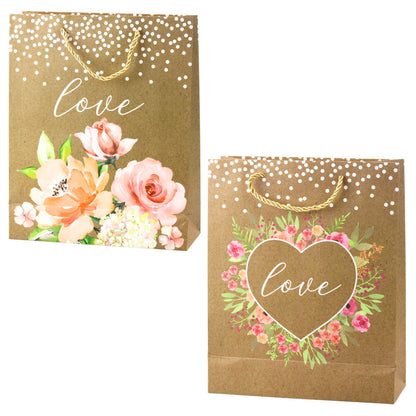 Dárková taška Love s květy a glitry – kraft 32x26x10 cm