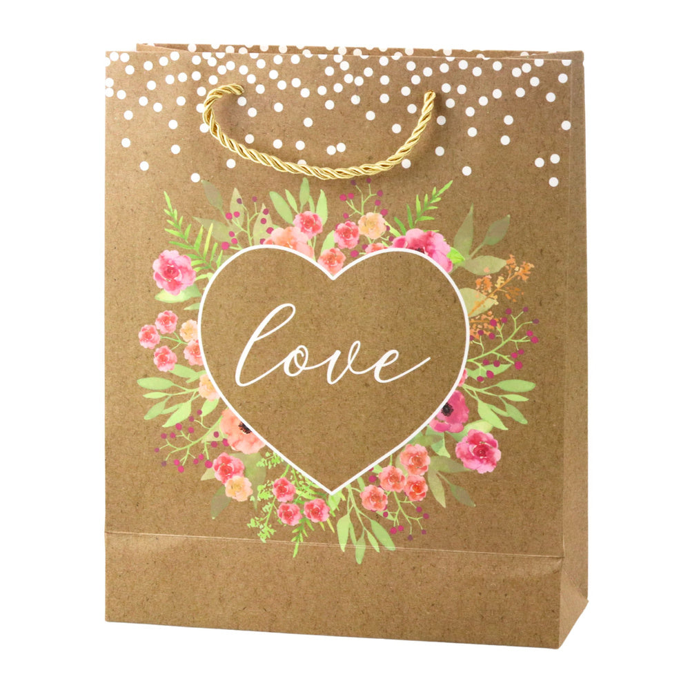 Dárková taška Love s květy a glitry – kraft 32x26x10 cm