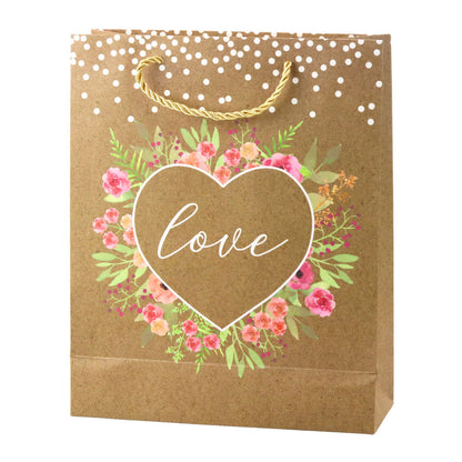Dárková taška Love s květy a glitry – kraft 32x26x10 cm