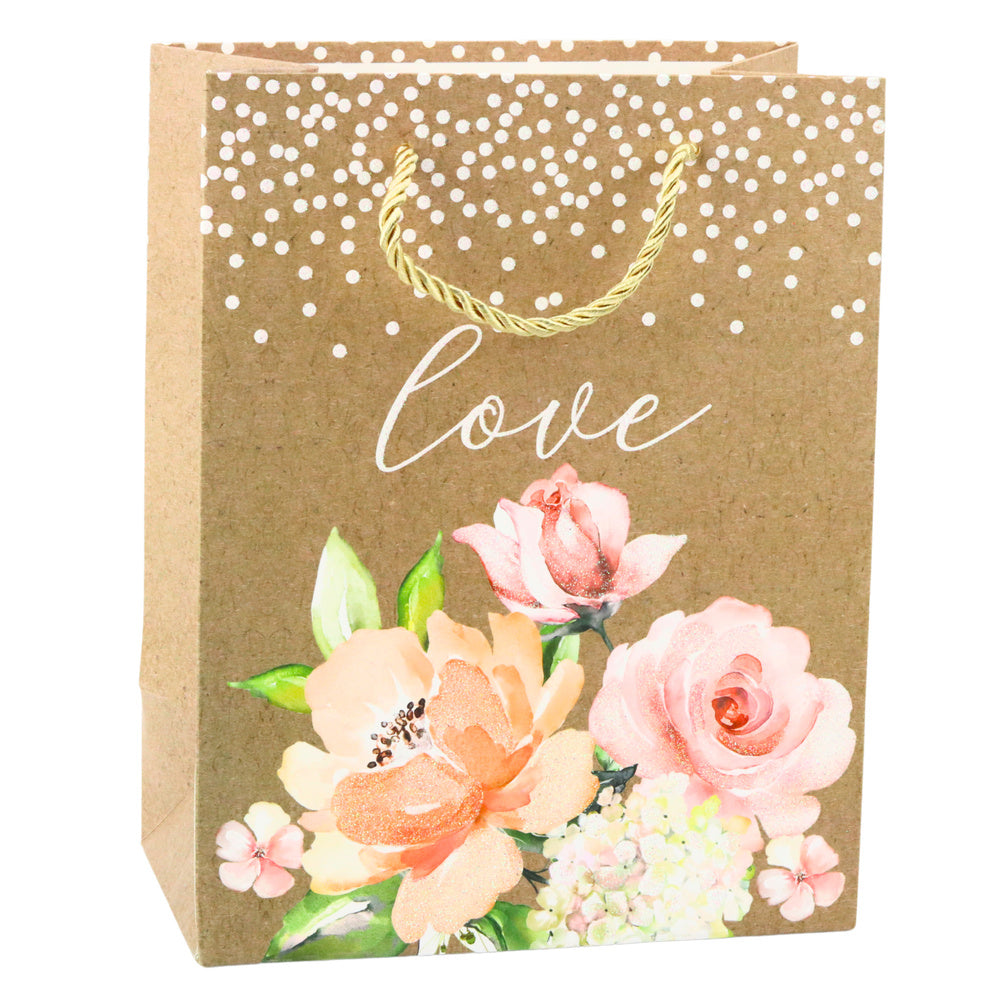 Dárková taška Love s květy – kraftová hnědá 23x18cm