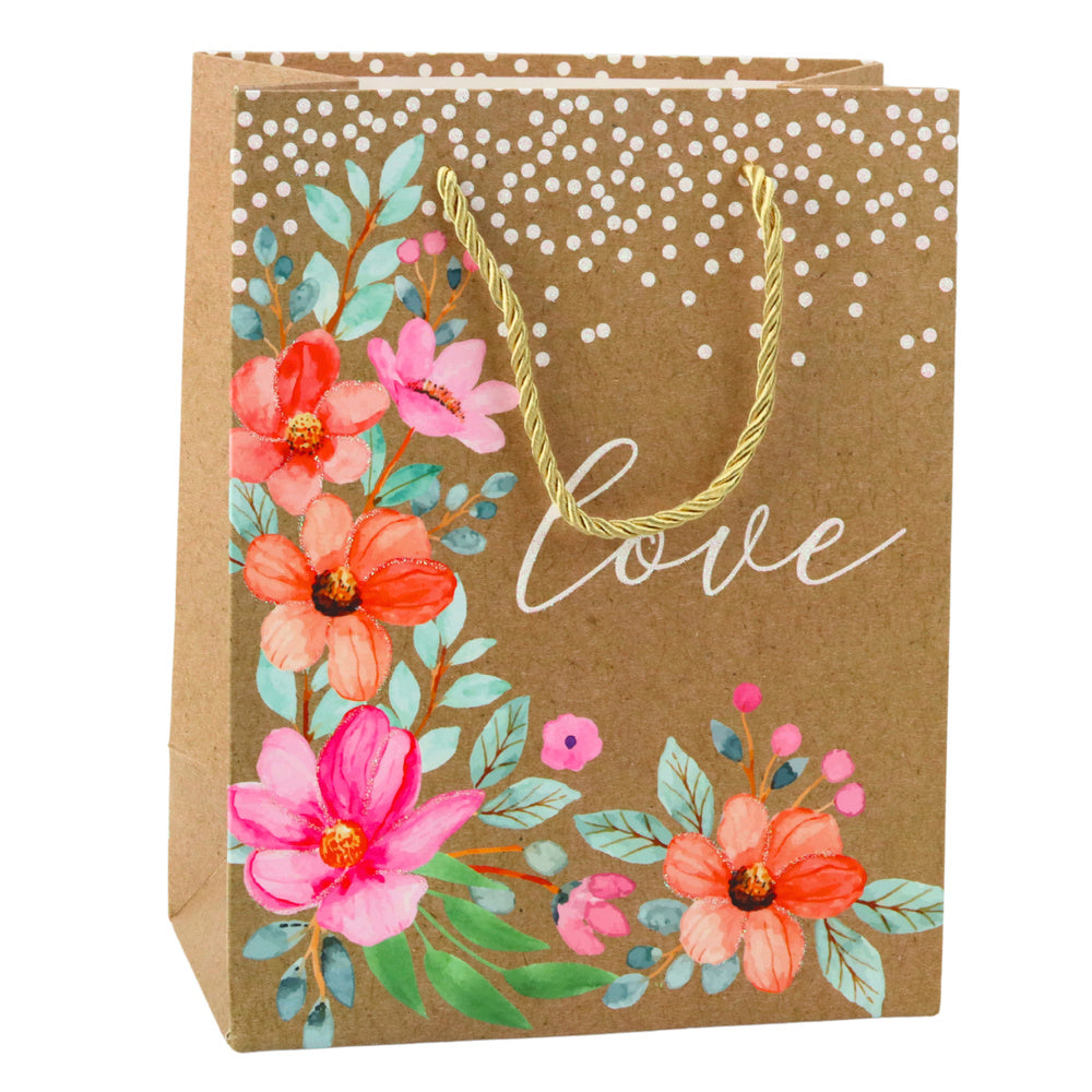 Dárková taška Love s květy – kraftová hnědá 23x18cm