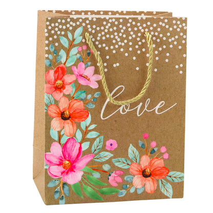 Dárková taška Love s květy – kraftová hnědá 23x18cm