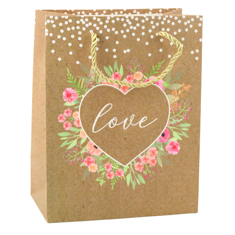 Dárková taška Love s květy – kraftová hnědá 23x18cm