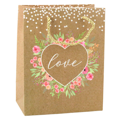 Dárková taška Love s květy – kraftová hnědá 23x18cm