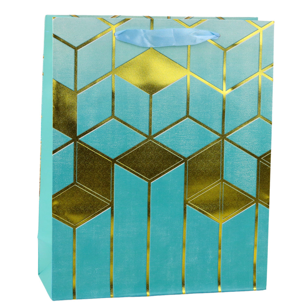 Dárková taška papírová zlatá 32x26x12 cm – geometrické vzory