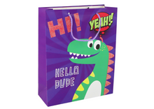 Dárková taška s dinosaurem a glitry – 32x26x10 cm | fialová