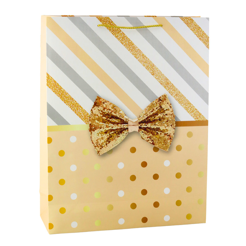 Dárková taška s mašlí – zlaté vzory 55x43x15cm