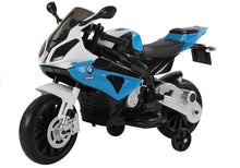 Dětská elektrická motorka BMW S1000RR s bočními kolečky modrá