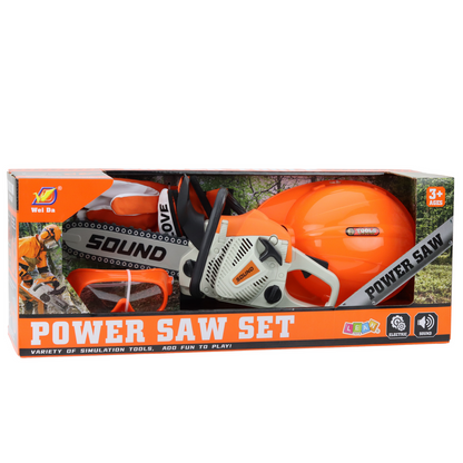 Dětská motorová pila s helmou – hračka se zvuky a doplňky