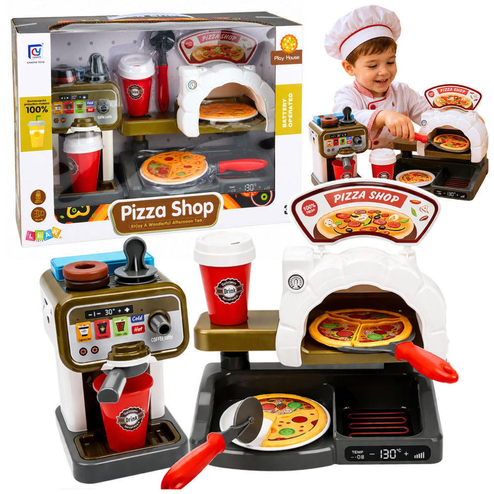 Dětská pizzerie s pecí na pizzu a kávovarem – herní set