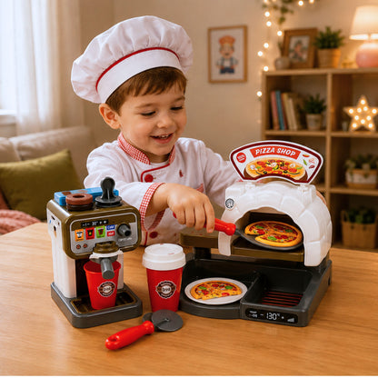 Dětská pizzerie s pecí na pizzu a kávovarem – herní set