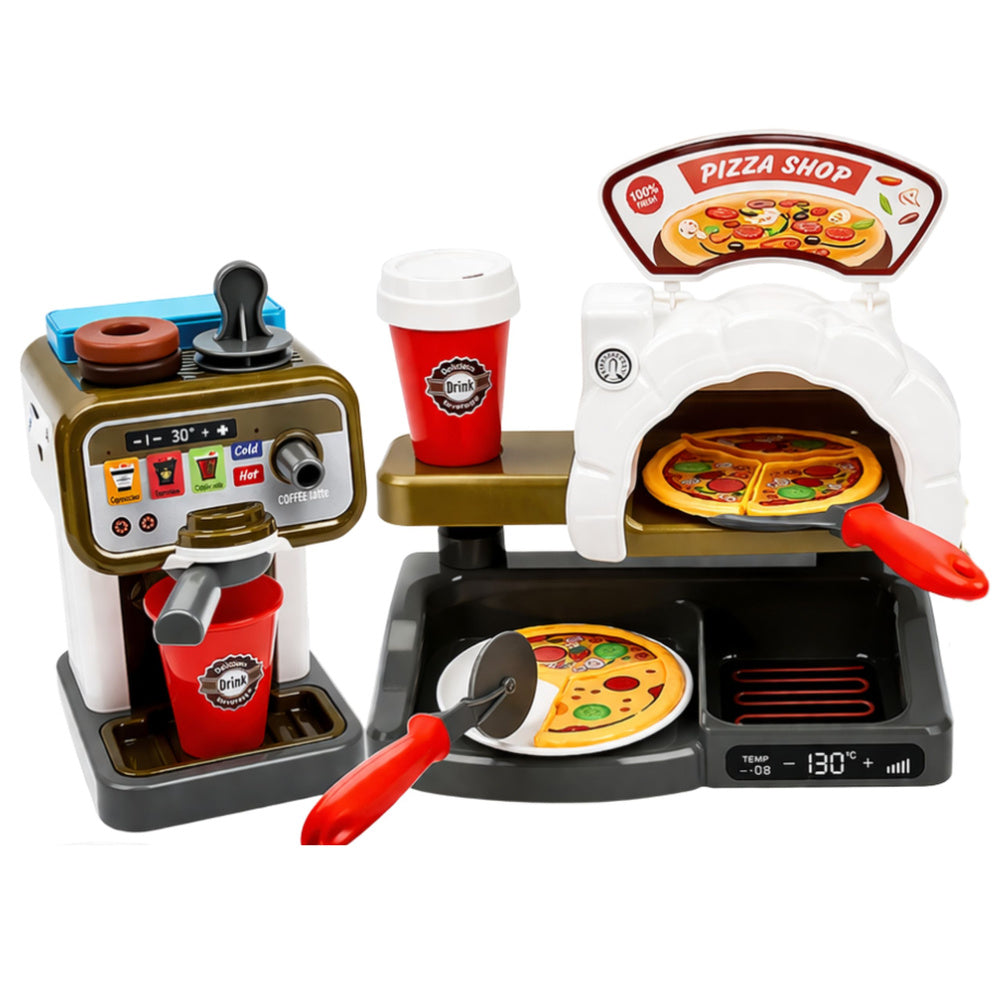 Dětská pizzerie s pecí na pizzu a kávovarem – herní set
