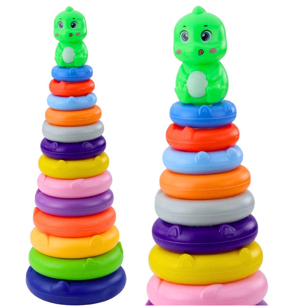Dětská pyramida s dinosaurem 13 barevných kroužků 45 cm