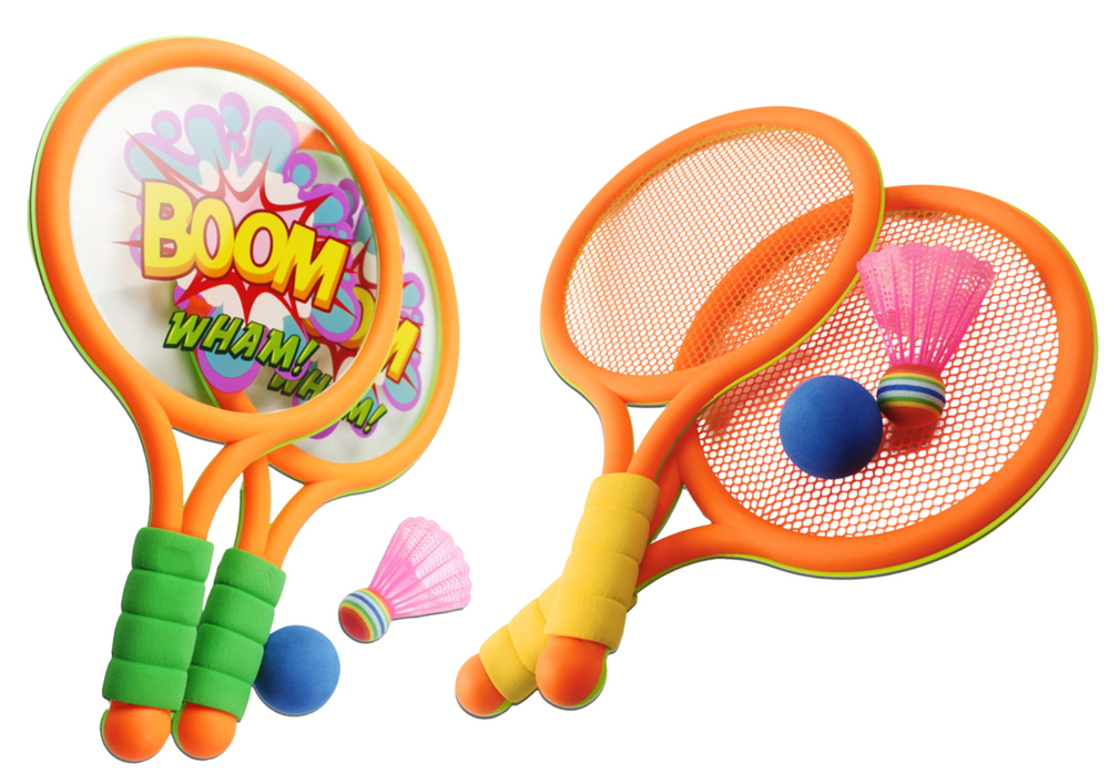 Dětské badmintonové rakety s dinosaury a míčkem oranžová zelená