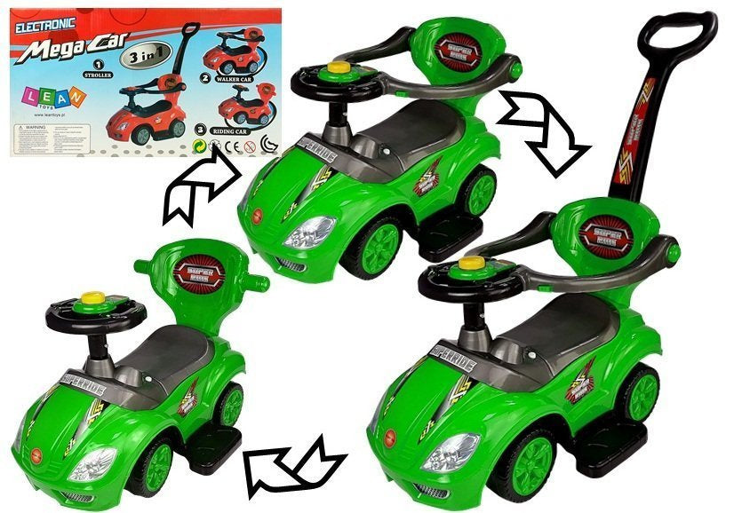 Dětské odrážedlo s tyčkou 3v1 Mega Car se schránkou zelené