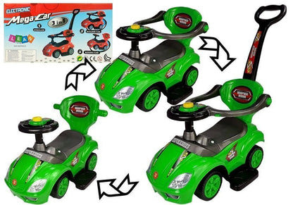 Dětské odrážedlo s tyčkou 3v1 Mega Car se schránkou zelené