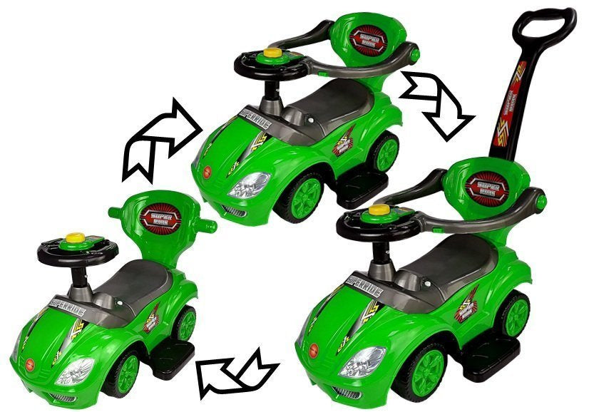 Dětské odrážedlo s tyčkou 3v1 Mega Car se schránkou zelené