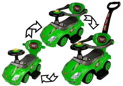 Dětské odrážedlo s tyčkou 3v1 Mega Car se schránkou zelené