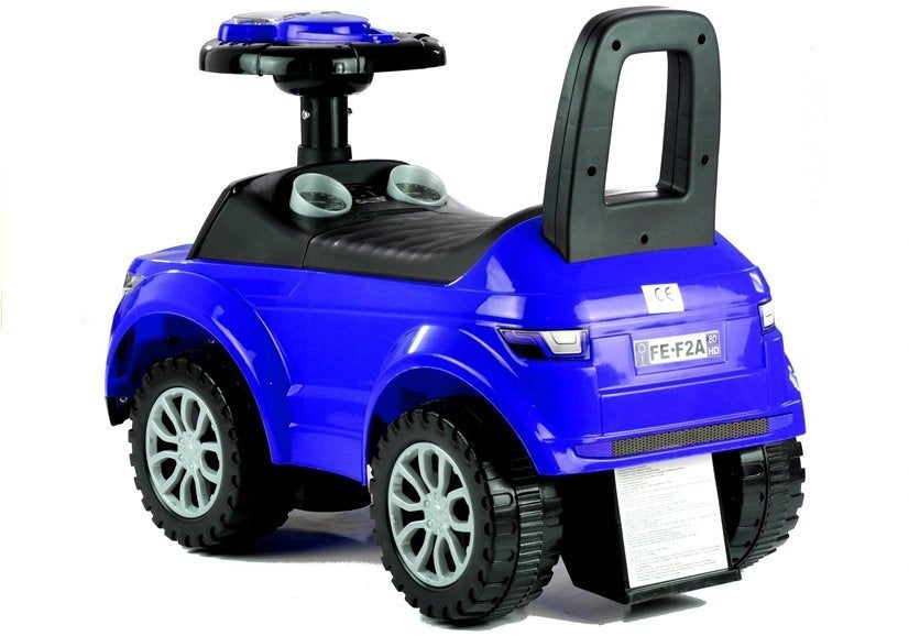 Dětské odrážedlo se zvuky a světly schránkou a opěradlem modré