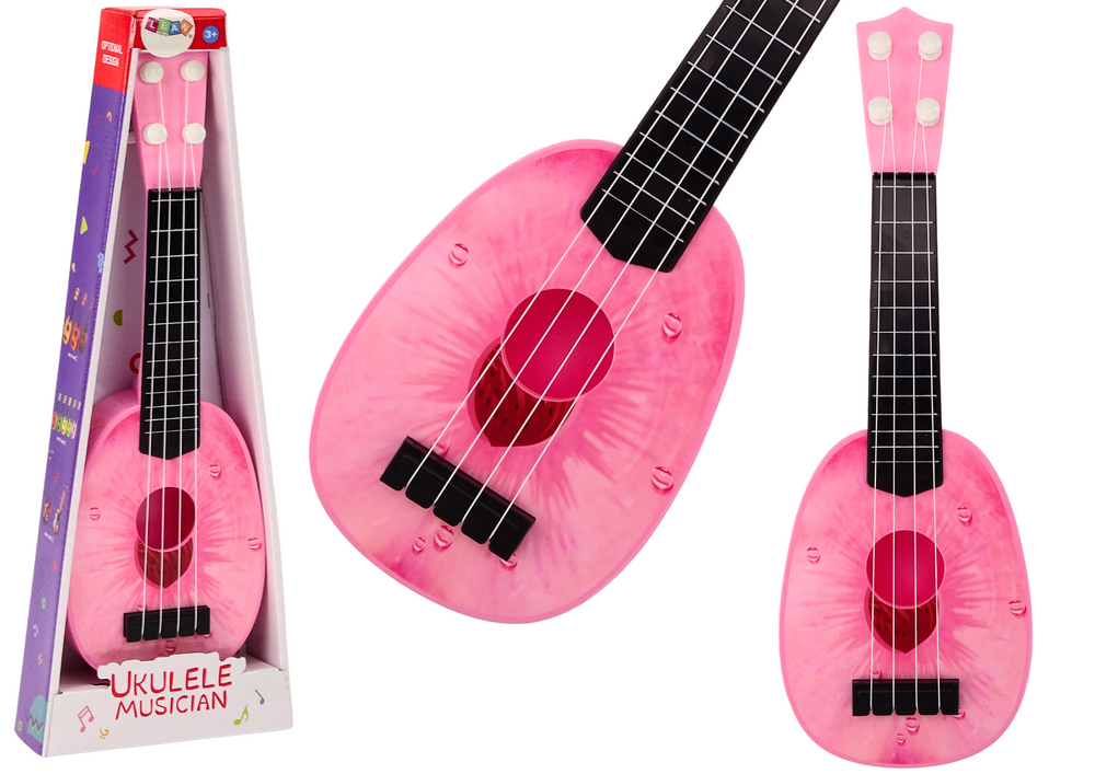 Dětské ukulele 4 struny motiv broskve plastové růžové