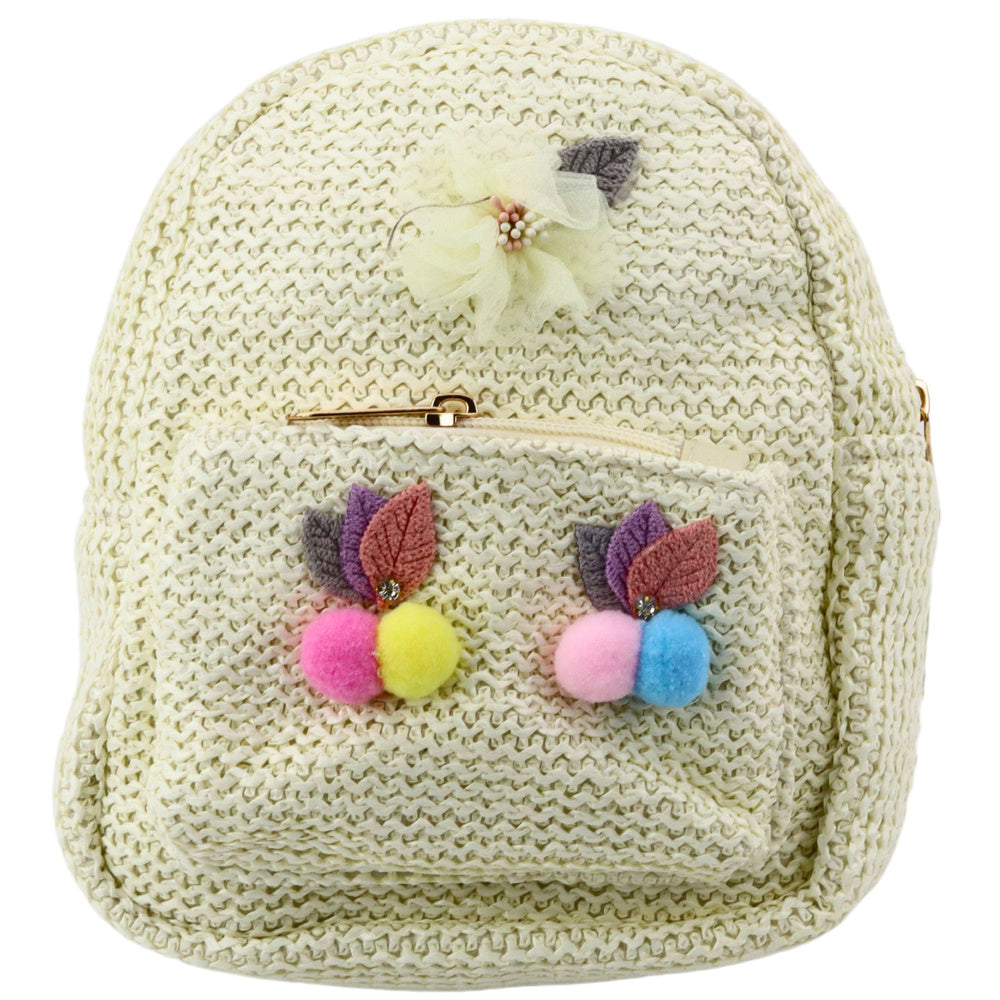 Dětský batoh haftovaný s pompony a aplikacemi krémový 20cm 2,5L