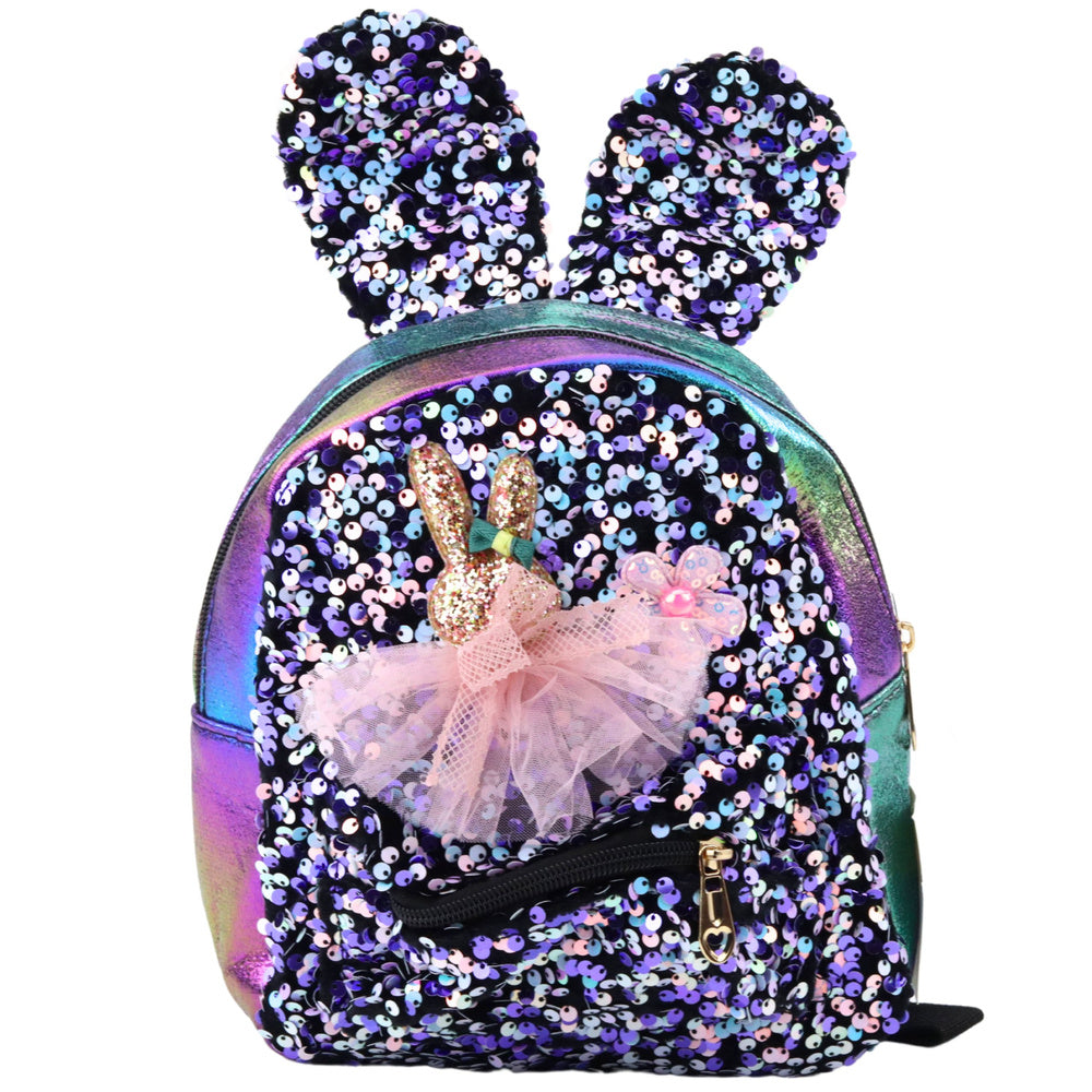 Dětský batoh s flitry a králičími ušky fialový 22cm 4,4L