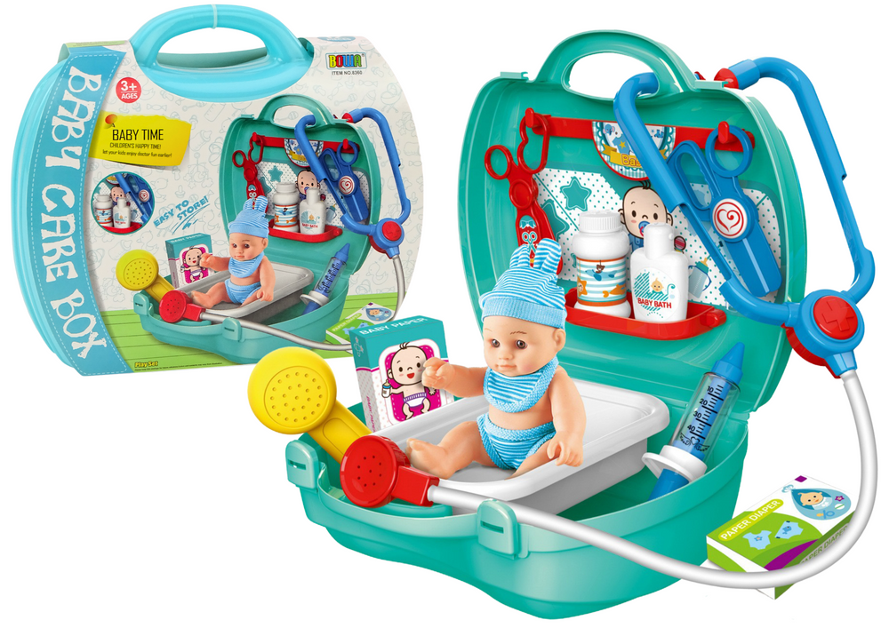 Dětský doktorský set s panenkou – ve valíčku | zelená