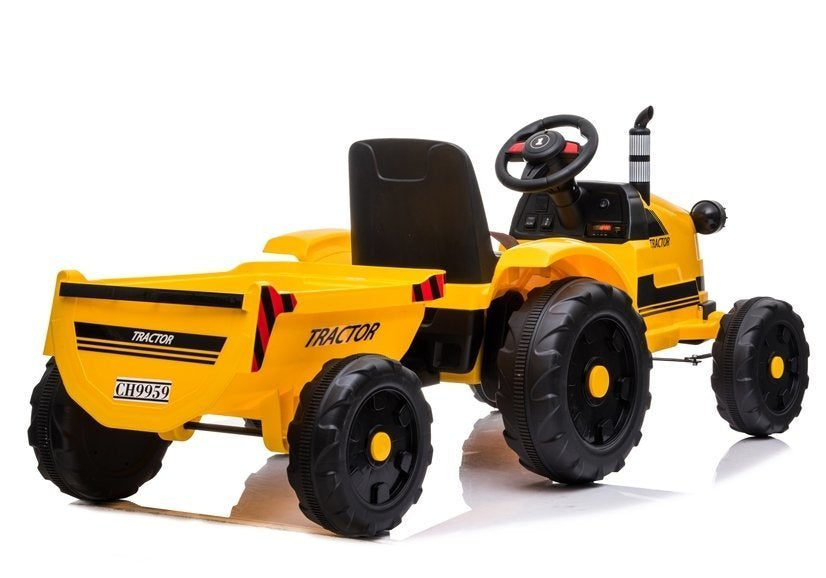 Dětský elektrický traktor s přívěsem 12V hudební panel – žlutý