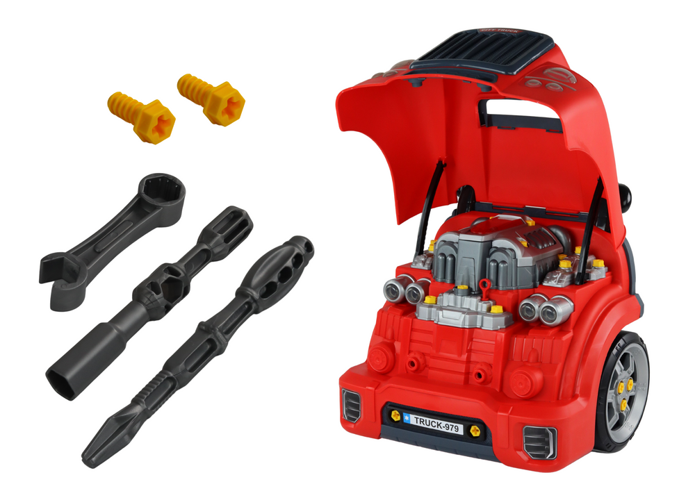 Dětský mechanický kamion s nářadím – červený s dílnou
