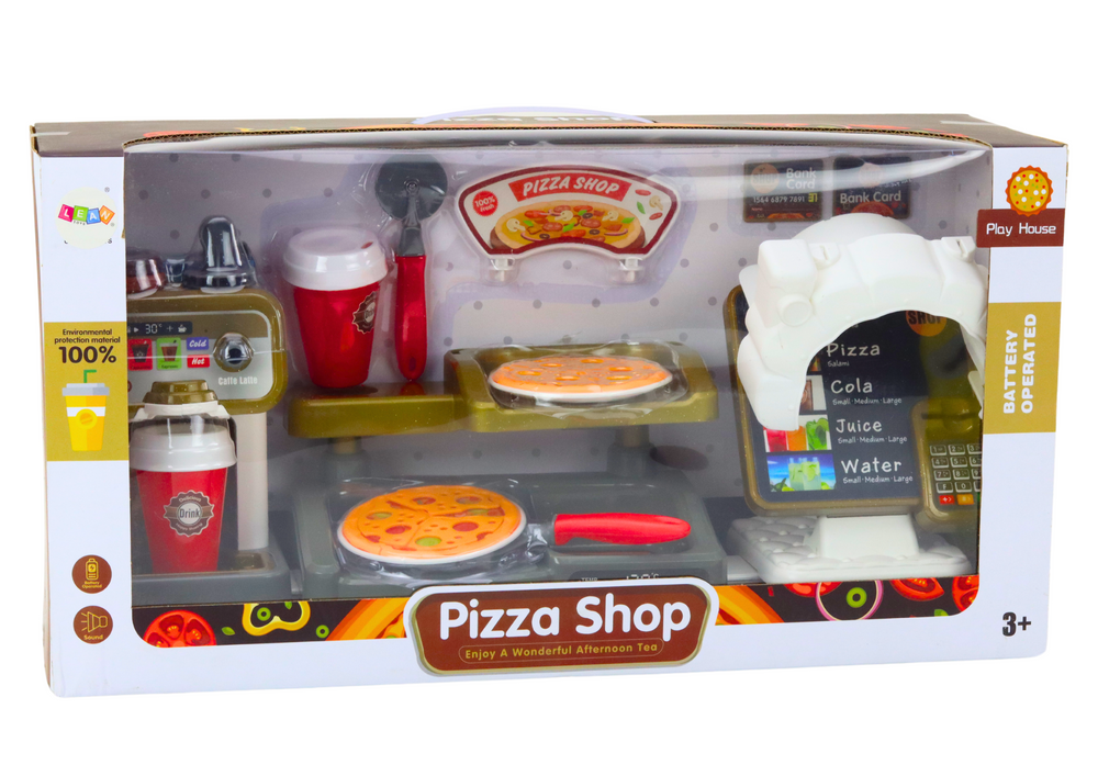 Dětský obchod s pizzou a kávou s pokladnou a příslušenstvím