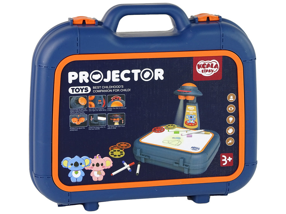 Dětský projektor v kufříku s obrázky a fixy modrý