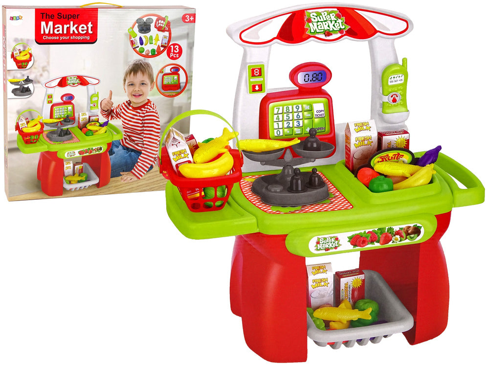 Dětský supermarket s košíkem – kasa váha a potraviny