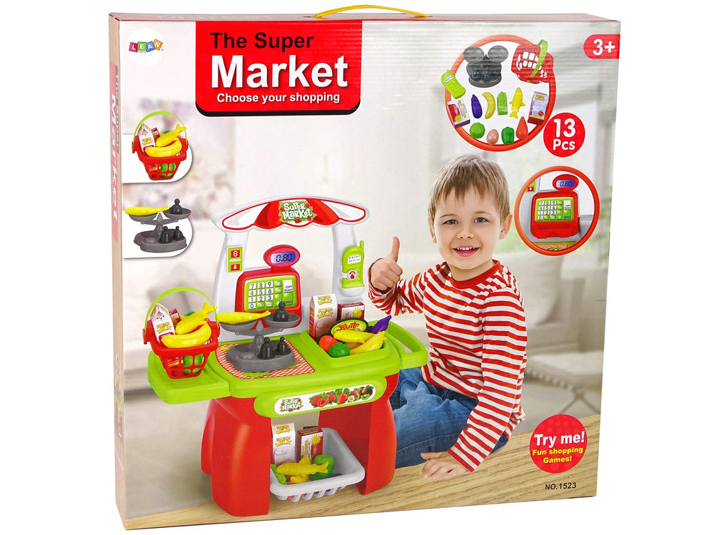 Dětský supermarket s košíkem – kasa váha a potraviny